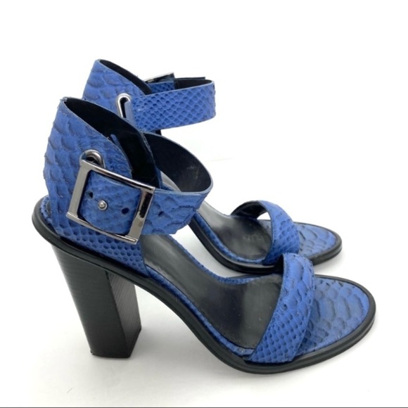 Tibi Snakeskin Embossed Leather Chunky Heel Ankle Strap Buckle Sandal Royal Blue - Picture 5 of 9